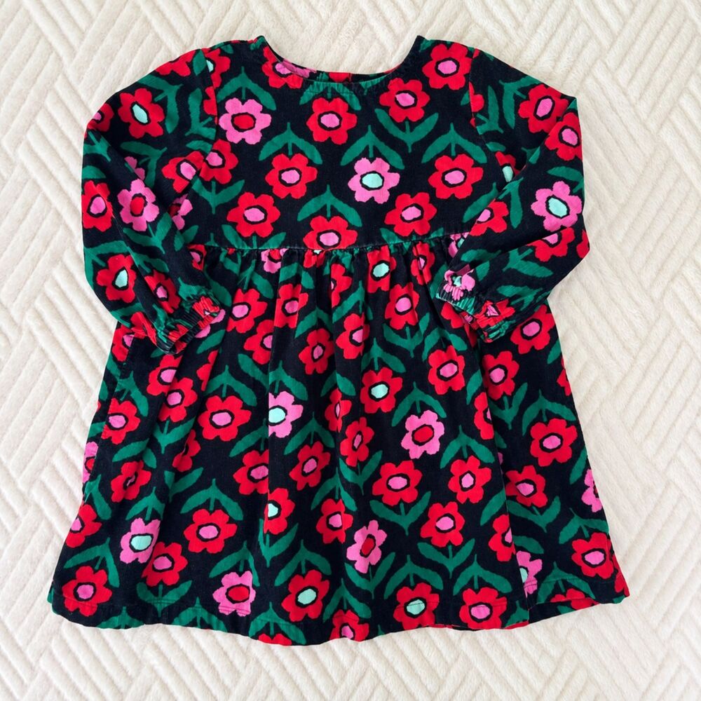 Hanna Andersson Girls 3T 90cm Black Floral Corduroy Long Sleeve Dress Cotton